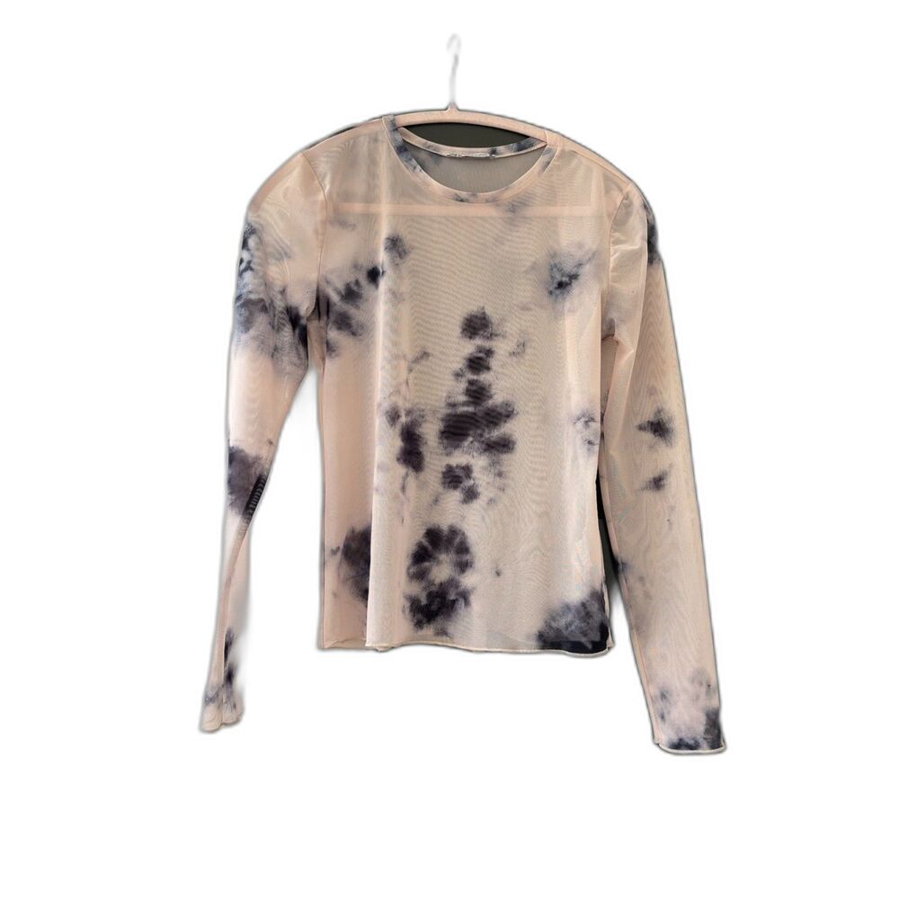 Zara Sheer Mesh Abstract Splatter Long Sleeve Top Nude Navy Size S
